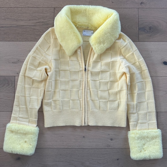 ASOS Sweaters - ASOS DESIGN fur trim zip-up cardigan with checkerboard stitch in yellow